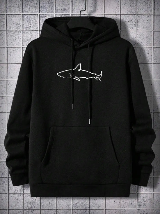 Simple Shark Printing Hoodie For Men Kangaroo Pocket Drawstring Pullovers Thermal Fleece Warm Sweatshirts Autumn Casual Clothes