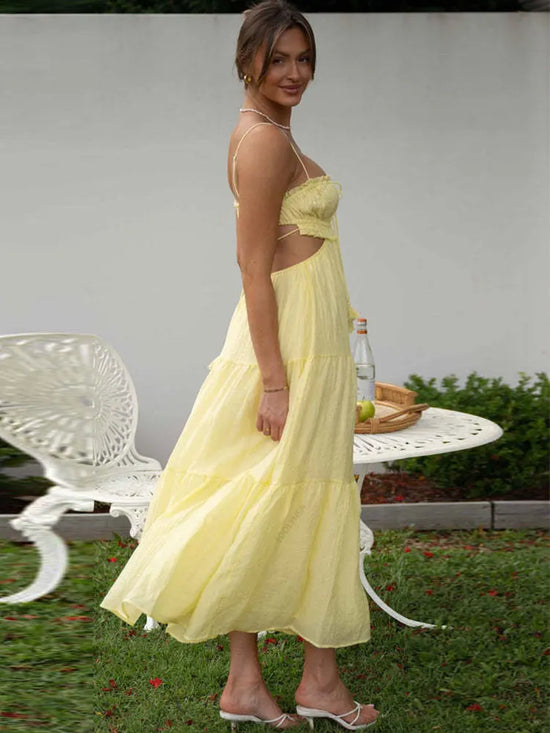 Sweet Sexy V Neck Spaghetti Straps Tassel Decoration Sleeveless Dresses For Women 2023 Elegant Backless Maxi Dress A2616