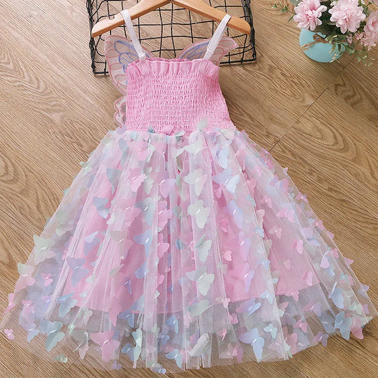 Girls Summer Elegant Dress With Large 3D Butterfly Wings Gauze Princess Dress Bow Kids Sleeveless Birthday Party Evening Dresses