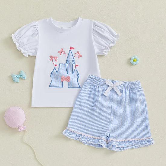 2025-04-06 Lioraitiin Toddler Girls Summer Outfit Bow Embroidery Short Sleeves T-Shirt and Elastic Striped Shorts Set Clothes