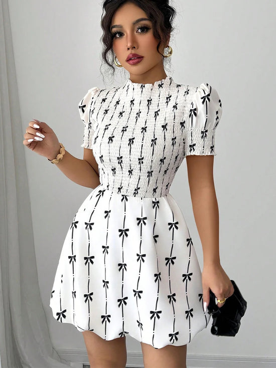 Summer European and American woven drawstring dress with short sleeves and waist cinching mid length skirt