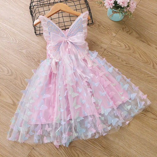 Girls Summer Elegant Dress With Large 3D Butterfly Wings Gauze Princess Dress Bow Kids Sleeveless Birthday Party Evening Dresses