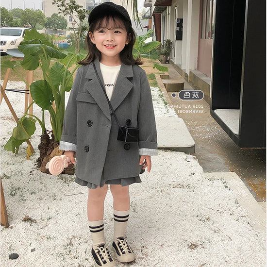 Baby Girls Boy Suit jacket British Gray Fashion Double-breasted 2 3 4 5 6 7 8 9 Childrens Clothing Spring Autumn Kids Tops Coats