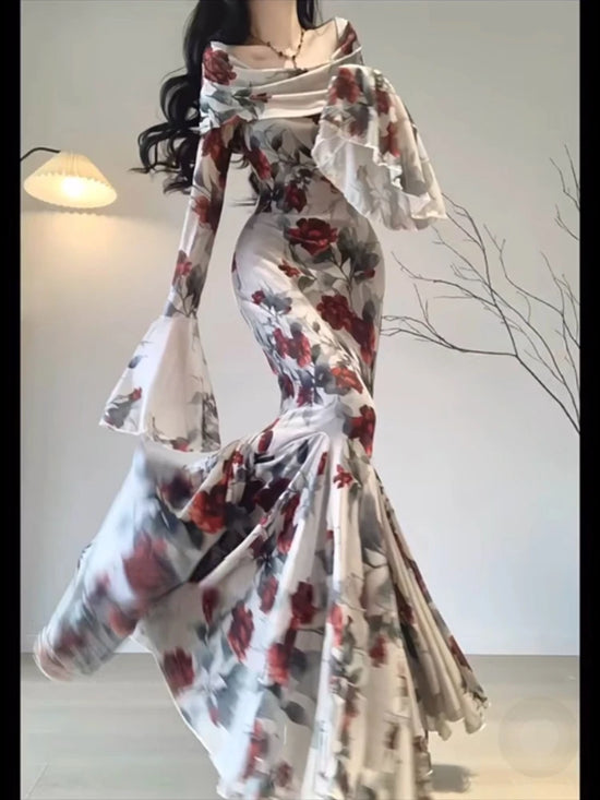 Elegant Vintage Rose Print Dress for Women Y2k Sexy Slim Waist Bodycon Dresses 2026 Summer New Long Sleeve Vestidos Mujer