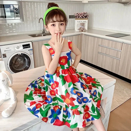 Girls Dresses 2023 Summer Baby Girl Casual Dress Toddler Floral Print Sleeveness Fashion Girls Princess Dresses Kids Clothes